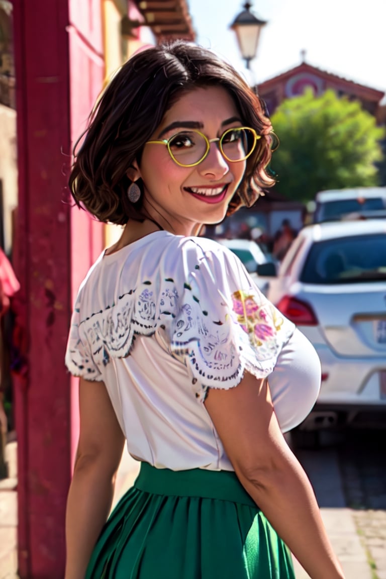 mirabel madrigal, white blouse, green skirt, glasses retrato de cuerpo entero, pechos grandes, comprando en mercado, fondo mercado tradicional pelicula Encanto, lentes, Maribel Madrigal de Encanto, sonrisa hermosa, dinamic_pose:1.3, viento:0.8, sunset,sagging breastsi,breast grab from behind