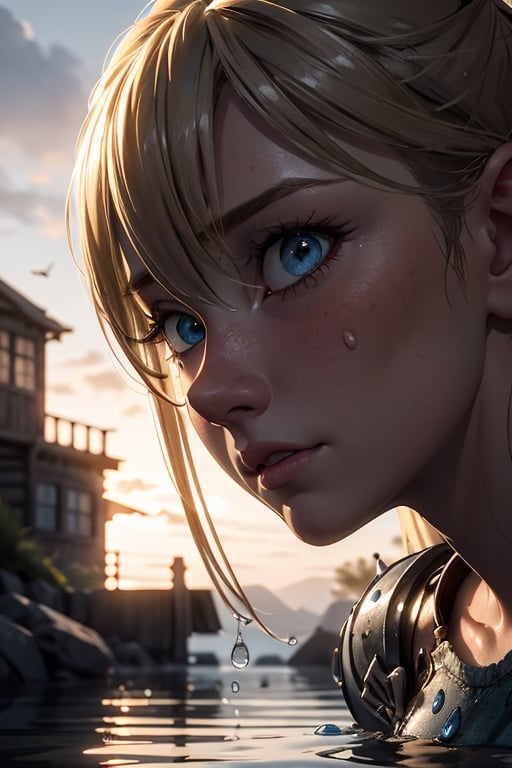 Photorealistic image of astrid, caught in water drops, looking at the viewer, in the style of cryengine, pegi nicol macleod, realistic genre scenes, hauntingly beautiful narratives, ultra realistic, thomas saliot, close up,group_squeez,erection,cartoon ,Astrid Hofferson