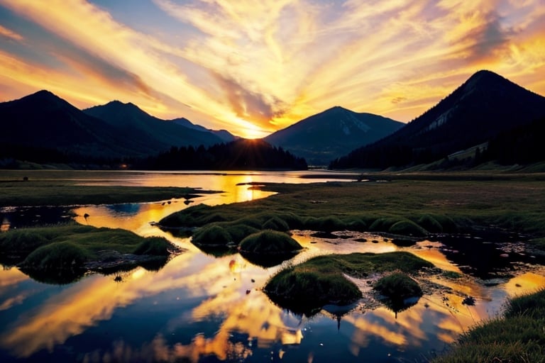 pic of a magnificent sunset over a mountainous landscape, Castle ruins, where the high peaks are bathed in a golden light and the sky is painted with soft shades of orange and pink. The clouds extend in dramatic shapes, criando uma cena deslumbrante e serena. No primeiro plano, There is a tranquil lake reflecting the beauty of the sky, while silhouetted trees add a touch of mystery to the landscape. The balanced composition and vastness of nature captured in this aspect of  convey a sense of calm and wonder at the grandeur of the natural setting. ,Astarte,Masterpiece