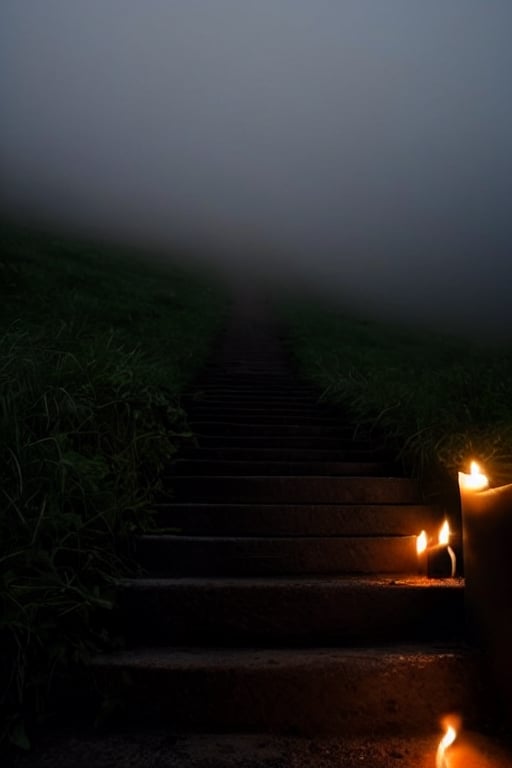 black and white photoreal night shot with lots of fog. Image of a stone staircase with steps slightly lit by candles leading to a gate. Fog, shrubs, leafless branches, gloomy and distressing environment, candlelight
,photorealistic,rfktrfod