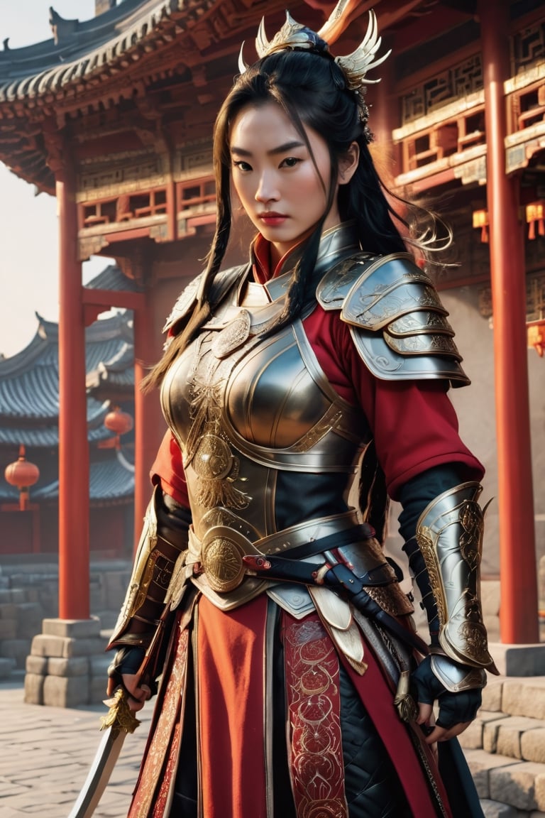Mulan,  a women warrior with long dark braided hair,  wearing a detailed and intricate golden helmet by Proteo Caótico 2 o...