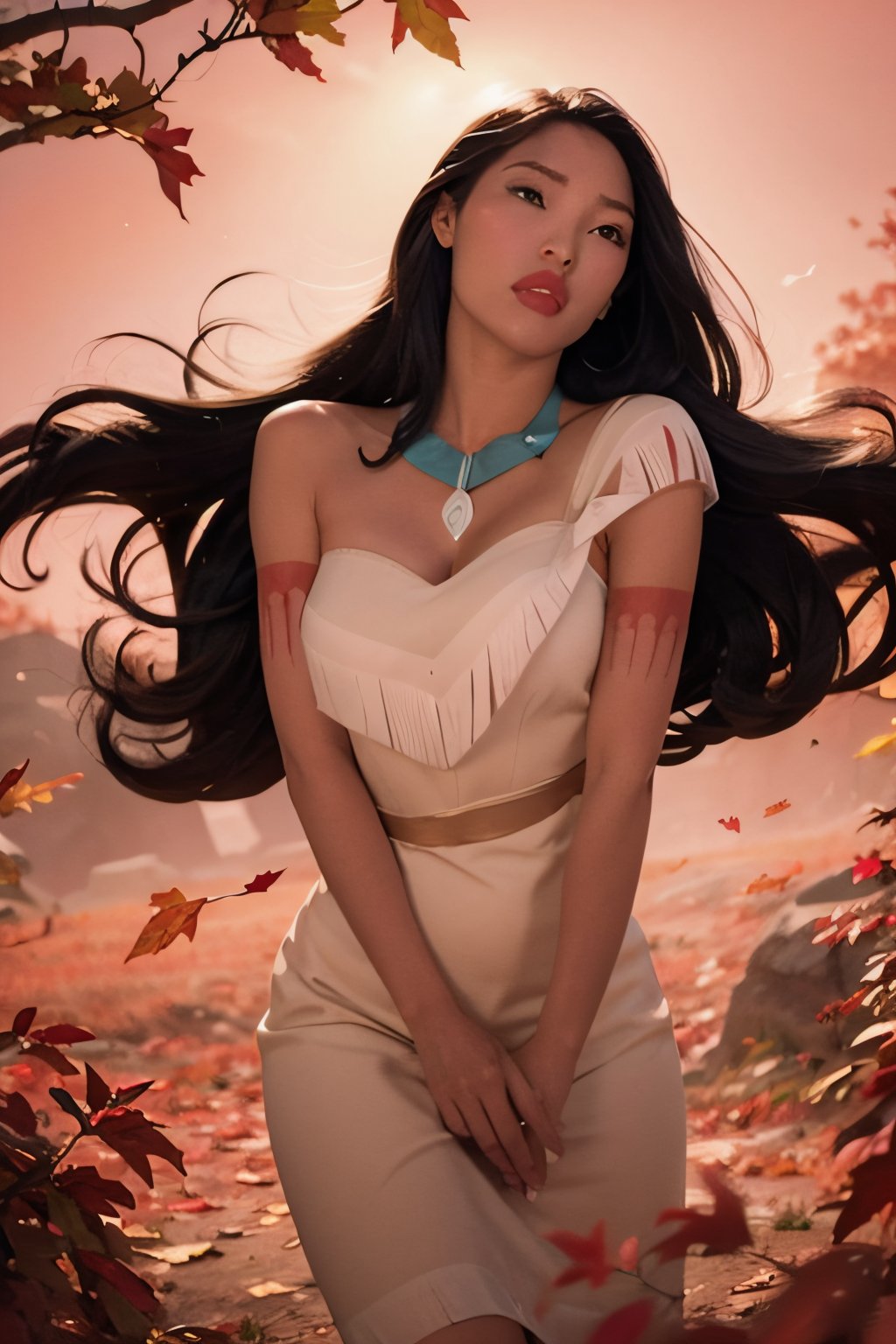 masterpiece, best quality, 1girl, pocahontas, dark skin, black hair, long hair, (floating hair:0.5), black eyes, wind color, leaf, fall, pink and red theme, magical wind, solo, looking at viewer,  