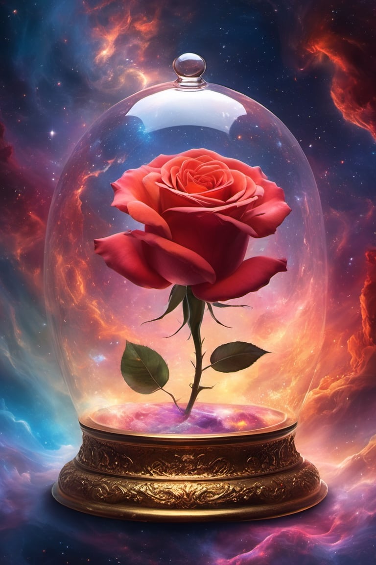 An enchanting scene of a red rose delicately encapsulated in a glass bell, seemingly floating in a timeless expanse of colorful space nebula, creating a visually captivating and surreal atmosphere.  ((movement)), (((motion))), ((dynamic)), (((fire trail))), A highly detailed epic cinematic concept art cg render digital painting artwork by Greg Rutkowski masterpiece on post
,3D,more detail XL , ,ink 