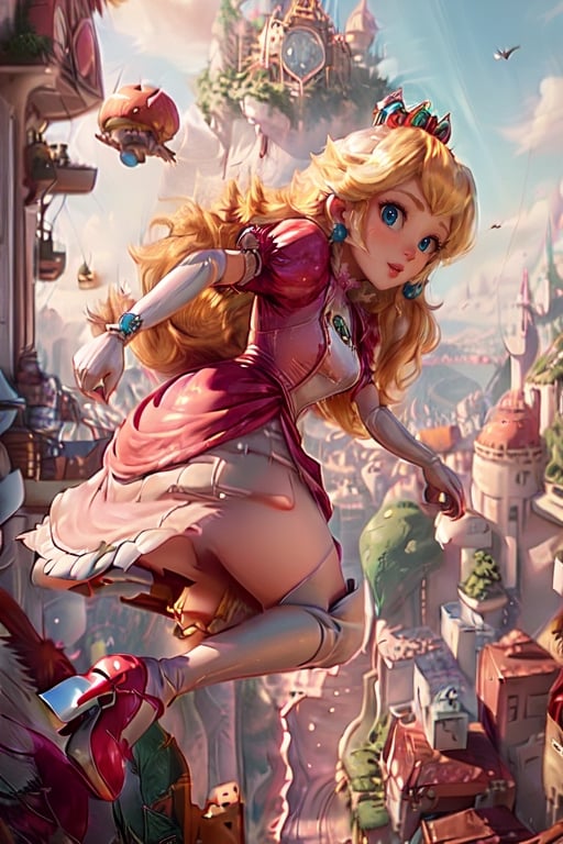 Peach_SMP, , memewaifu, 1girl, solo, dress, heels, mushroom kingdom, castle, smile, masterpiece, highres, detailed foreground, mushroom field, jumping over a bridge,   ,princess_peach,Peach_SMP,xuer flies over