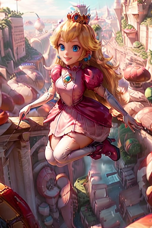 Peach_SMP, , memewaifu, 1girl, solo, dress, heels, mushroom kingdom, castle, smile, masterpiece, highres, detailed foreground, mushroom field, jumping over a bridge,   ,princess_peach,Peach_SMP,xuer flies over