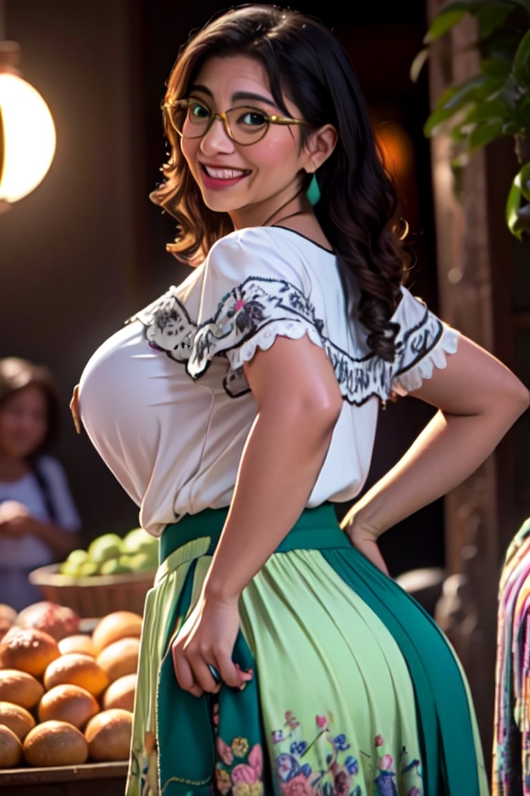 mirabel madrigal, white blouse, green skirt, glasses retrato de cuerpo entero, pechos grandes, comprando en mercado, fondo mercado tradicional pelicula Encanto, lentes, Maribel Madrigal de Encanto, sonrisa hermosa, dinamic_pose:1.3, viento:0.8, sunset,sagging breastsi,breast grab from behind