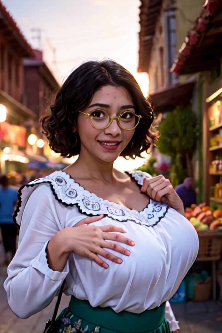 mirabel madrigal, white blouse, green skirt, glasses retrato de cuerpo entero, pechos grandes, comprando en mercado, fondo mercado tradicional pelicula Encanto, lentes, Maribel Madrigal de Encanto, sonrisa hermosa, dinamic_pose:1.3, viento:0.8, sunset,sagging breastsi,breast grab from behind