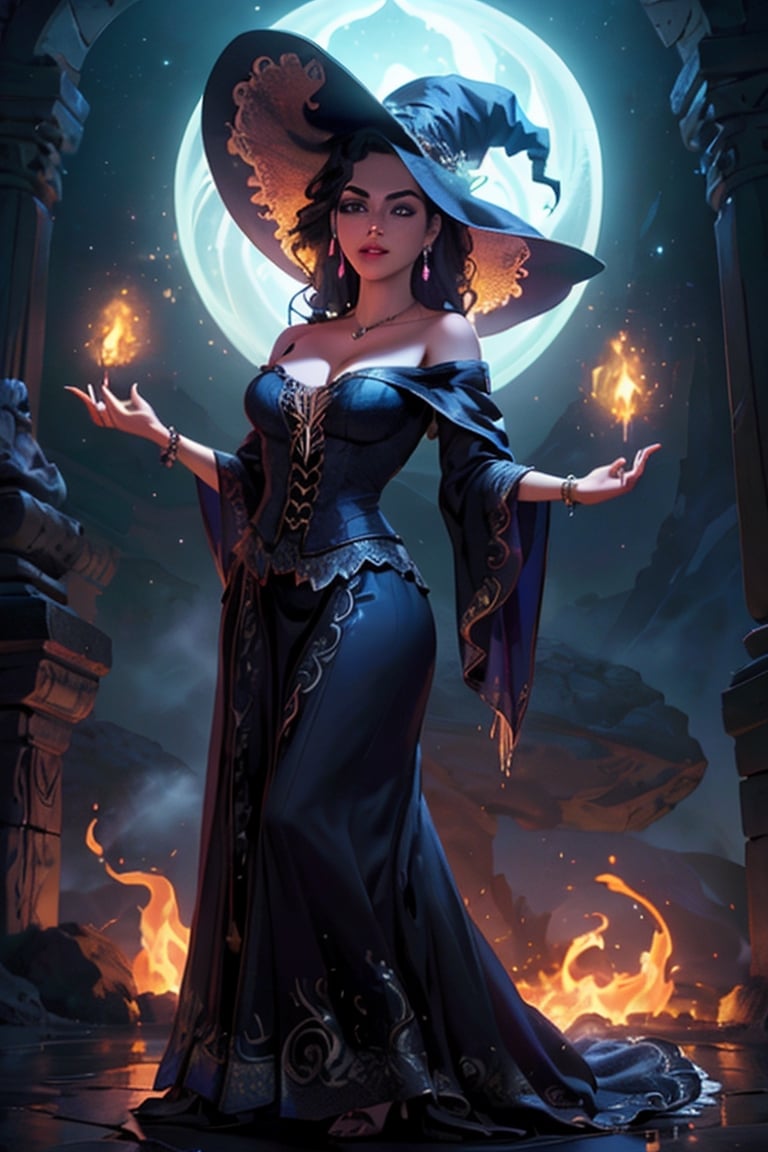 masterpiece, best quality, highres, 1girl, Hermosa mujer sensual, atuendo gótico, vestida con túnica negra con rica decoración, bruja, witch hat, waved hair, Witch gown,jewelry,high heels,cleavage,earrings,bracelet,bare shoulders, magic_wand expresión segura, mirada a la cámara (fondo misterioso mágico, luciérnagas, partículas brillantes, niebla etérea, oscuridad tenue, símbolos mágicos, Hierbas, y velas encendidas), alta saturación, luz de película, luz de borde, mejores sombras, (Lente utilizada: prime 50mm:1.3), (MODELO DE CÁMARA: Fotograma completo Sony Alpha a7R IV:1.3), (Iluminación meticulosamente elaborada que crea un ambiente misterioso:1.2),More Detail,rapunzel