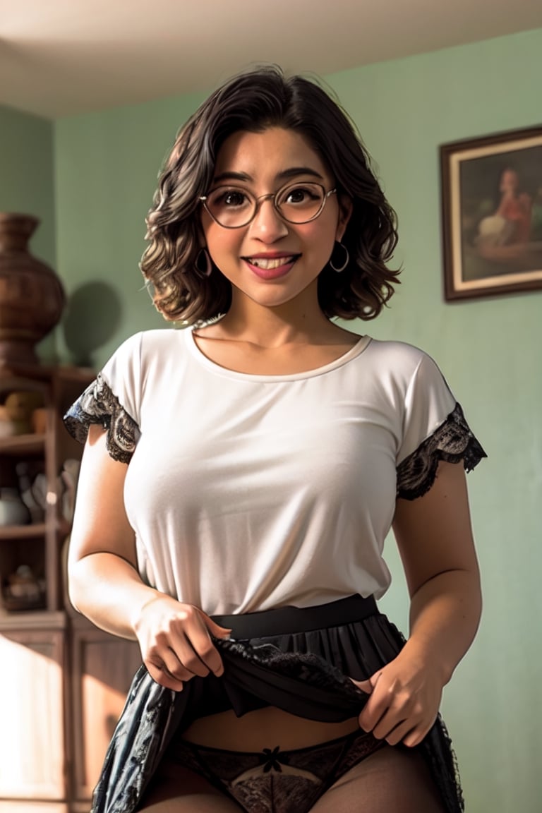 nsw:1.3, mirabel madrigal, 35 yrs old, MirabelST, blusa blanca con escote en V pronunciado, sagging breasts, denin short color verde, short ajustado, glasses retrato de cuerpo entero, pechos grandes, cocinando, fondo cocina tradicional pelicula Encanto, lentes, Maribel Madrigal de Encanto, sonrisa hermosa,, lace underwear,pantyhose, dinamic_pose:1.3, luz suave,skirt_lift