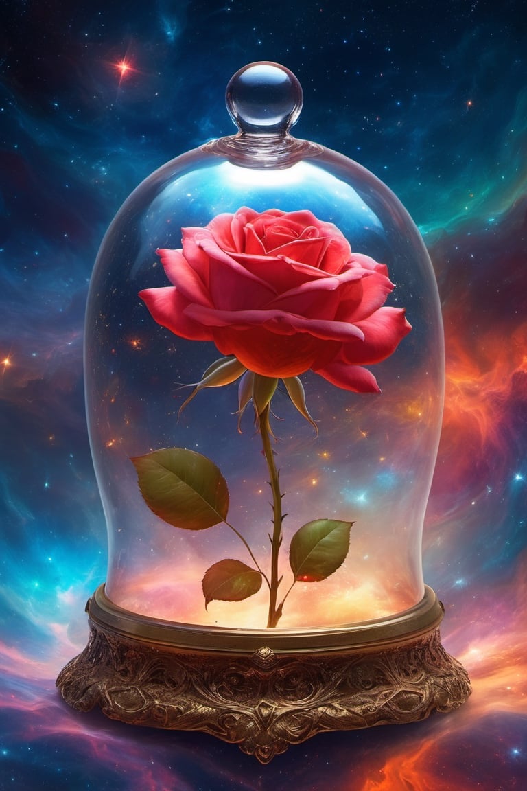 An enchanting scene of a red rose delicately encapsulated in a glass bell, seemingly floating in a timeless expanse of colorful space nebula, creating a visually captivating and surreal atmosphere. A highly detailed epic cinematic concept art cg render digital painting artwork by Greg Rutkowski masterpiece on post
,3D,more detail XL , ,ink 