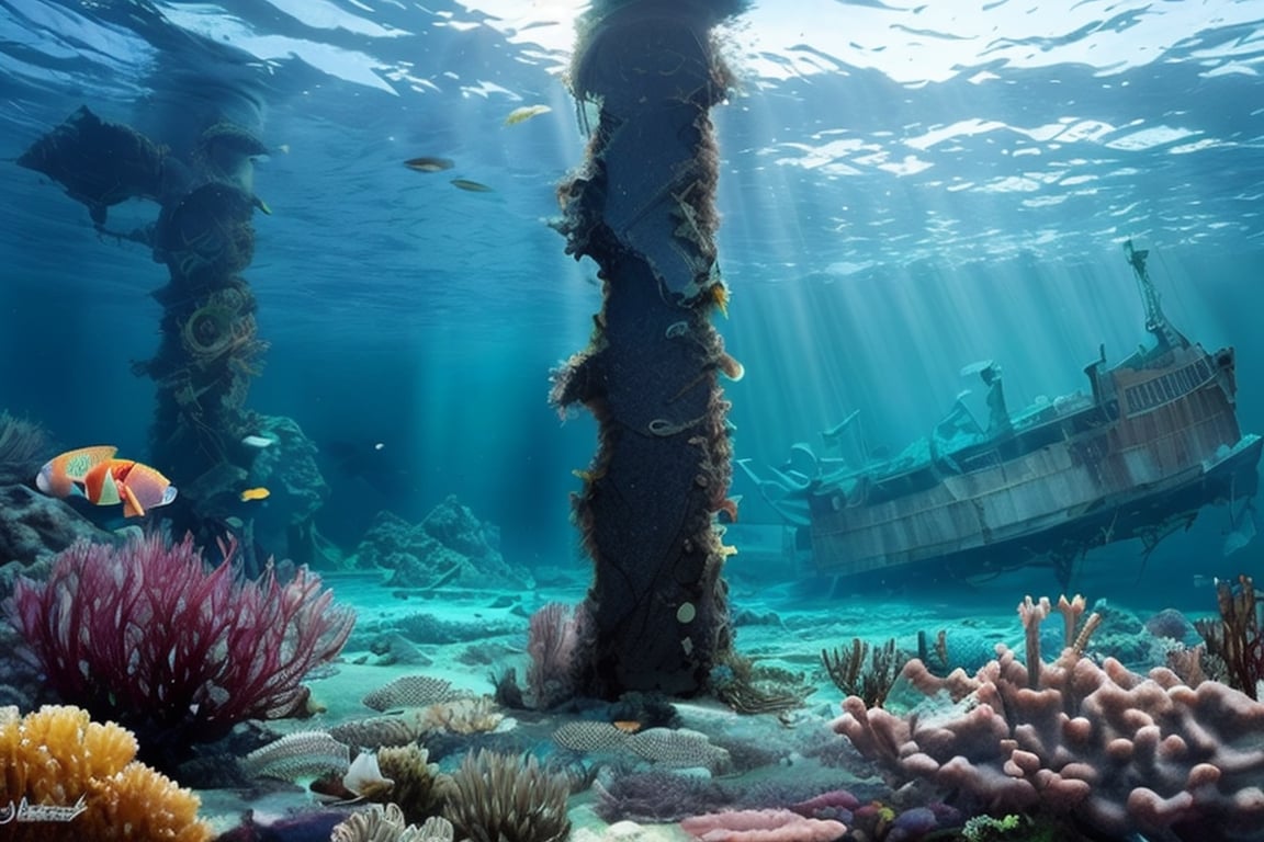 (stunning masterpiece: 1.3), ((12k HDR)), ((under water)), A photo of a marine scientist diver studying remains of a ship, the keel is sunk to the bottom, the ship is split in half, Creatures of Deep waters that inhabit the area, adding to the ominous atmosphere, Lurk in the shadows, Inside and outside the twisted metal wreckage. The colors of the place are muted and gloomy, with rusty metal and rotting wood creating a sense of decay and neglect. Although the surface of the water is calm, ((sun rays)), ((Brilliant diamond splatter)), swirl of air bubbles, sharp focus, intricate detail, high detail, digital art, bright beautiful splatter, sparkling, stunning digital art, interspersed with vibrant colors and surreal fantasy lighting, super detail, digital photography, 8k, sharp focus, ,no_humans