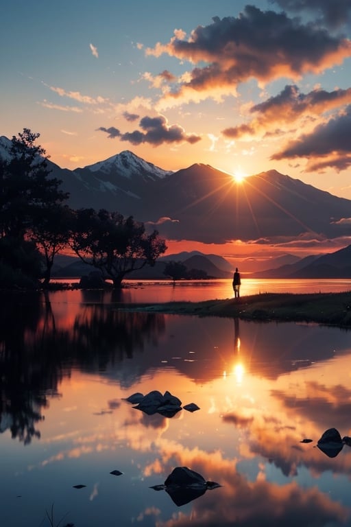 pic of a magnificent sunset over a mountainous landscape, where the high peaks are bathed in a golden light and the sky is painted with soft shades of orange and pink. The clouds extend in dramatic shapes, criando uma cena deslumbrante e serena. No primeiro plano, There is a tranquil lake reflecting the beauty of the sky, while silhouetted trees add a touch of mystery to the landscape. The balanced composition and vastness of nature captured in a convey a sense of calm and wonder at the grandeur of the natural setting. 