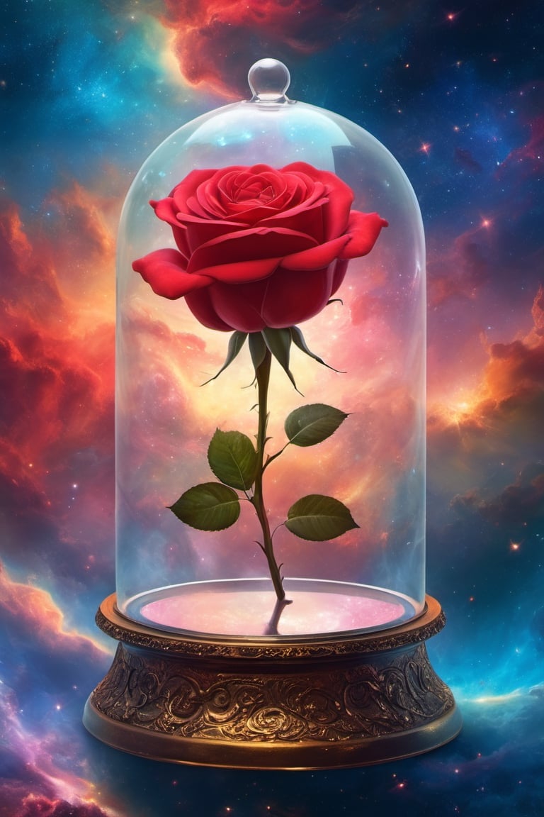 An enchanting scene of a red rose delicately encapsulated in a glass bell, seemingly floating in a timeless expanse of colorful space nebula, creating a visually captivating and surreal atmosphere. A highly detailed epic cinematic concept art cg render digital painting artwork by Greg Rutkowski masterpiece on post
,3D,more detail XL , ,ink 