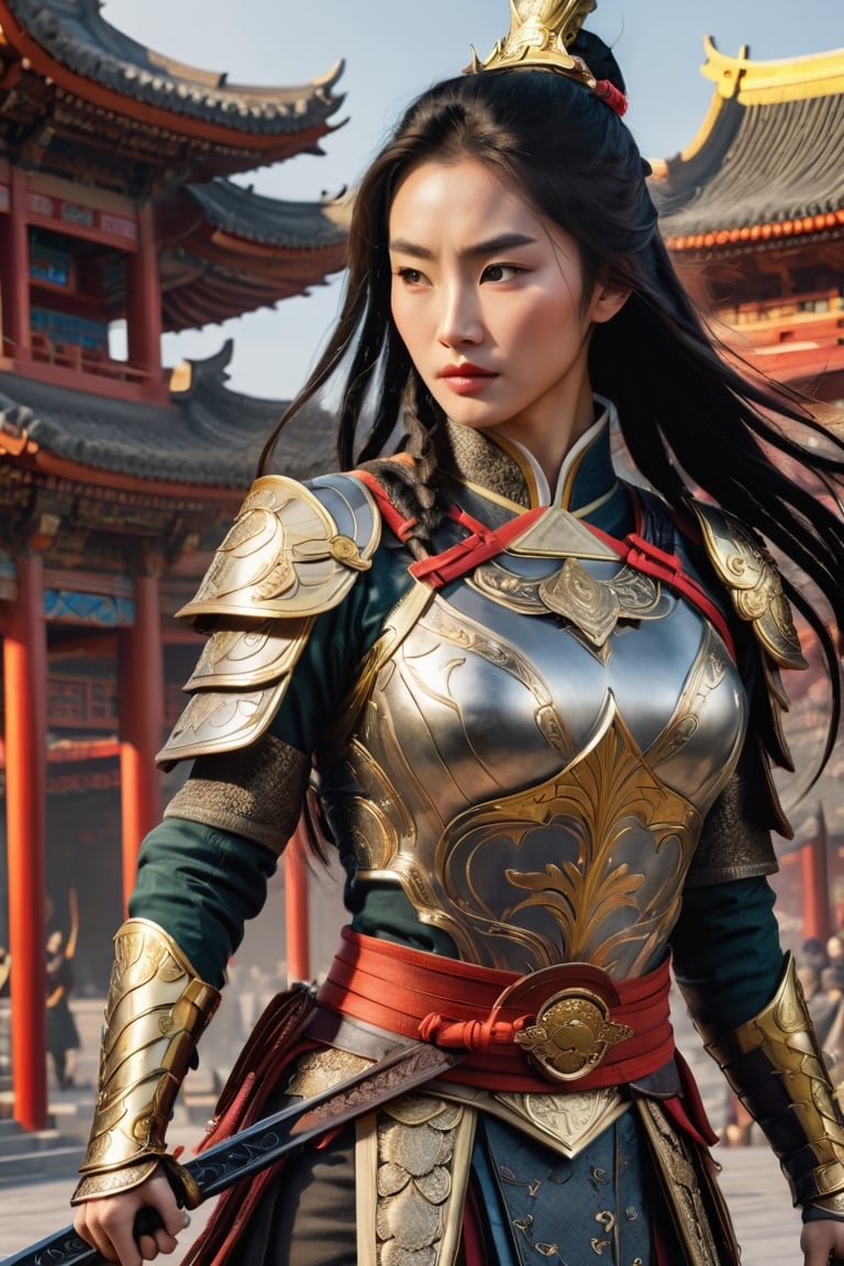 Mulan,  a women warrior with long dark braided hair,  wearing a detailed and intricate golden helmet by Proteo Caótico 2 o...