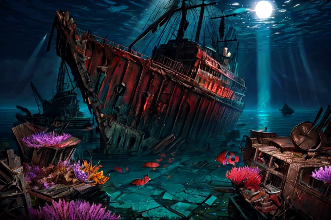 (stunning masterpiece: 1.3), ((12k HDR)), ((under water)), A photo of a marine scientist diver studying remains of a ship, the keel is sunk to the bottom, the ship is split in half, Creatures of Deep waters that inhabit the area, adding to the ominous atmosphere, Lurk in the shadows, Inside and outside the twisted metal wreckage. The colors of the place are muted and gloomy, with rusty metal and rotting wood creating a sense of decay and neglect. Although the surface of the water is calm, ((sun rays)), ((Brilliant diamond splatter)), swirl of air bubbles, sharp focus, intricate detail, high detail, digital art, bright beautiful splatter, sparkling, stunning digital art, interspersed with vibrant colors and surreal fantasy lighting, super detail, digital photography, 8k, sharp focus, ,no_humans