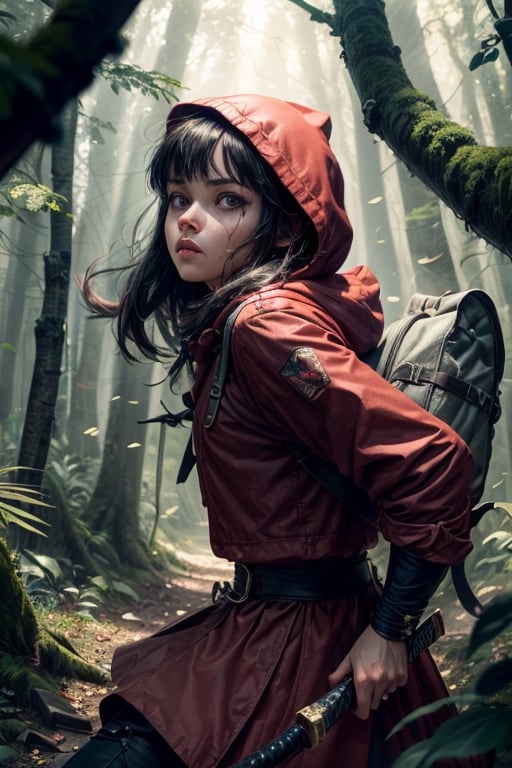 perfect lighting), (masterpiece:1.2), (best quality:1.2), (best aesthetic:1.1), (beautiful art:1.2), (ultra-detailed:1.2), cinematic establishing shot of little red riding hood holding a katana, perfect face, defined eyes, perfect eyes, battle pose, grim expression, ((((action)))), ((movement)), (((motion))), ((dynamic)), dark forest canopy pierced by sunbeams, crisp rendering, massive upgrade, shot on a DSLR,rfktrfod,DORA THE EXPLORER 