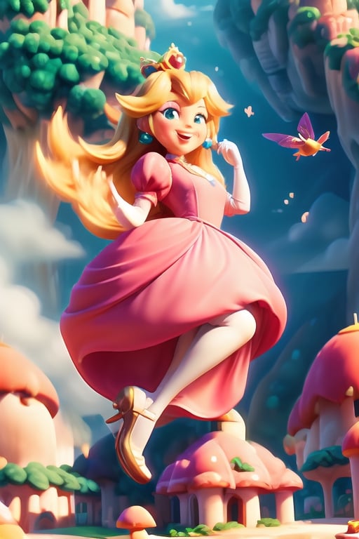 Peach_SMP, , memewaifu, 1girl, solo, dress, heels, curvy body, mushroom kingdom, castle, smile, masterpiece, highres, detailed foreground, mushroom field, jumping over a bridge,   ,princess_peach,Peach_SMP,floating in the air,xuer flies over,,,,cartoon ,<lora:659111690174031528:1.0>