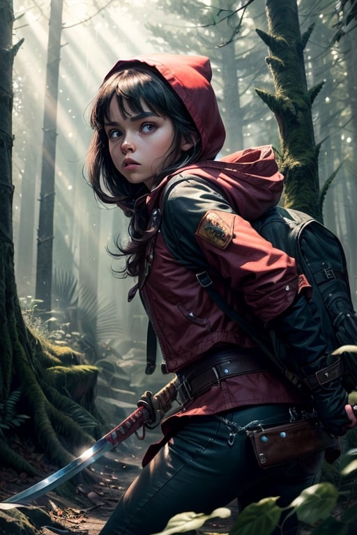 perfect lighting), (masterpiece:1.2), (best quality:1.2), (best aesthetic:1.1), (beautiful art:1.2), (ultra-detailed:1.2), cinematic establishing shot of little red riding hood holding a katana, perfect face, defined eyes, perfect eyes, battle pose, grim expression, ((((action)))), ((movement)), (((motion))), ((dynamic)), dark forest canopy pierced by sunbeams, crisp rendering, massive upgrade, shot on a DSLR,rfktrfod,DORA THE EXPLORER 