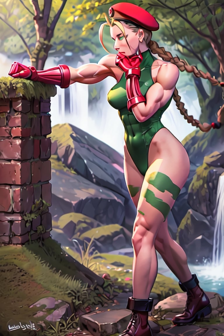 sfr1v, facial portrait, sexy stare, smirked, fighting stance, mountains, birds, trees, waterfall, hodoken,cammy, cammy white,hat,long hair,beret,braid,twin braids,gloves,green leotard,blue eyes,fingerless gloves.scar,highleg leotard,antenna hair,highleg,lips,red gloves,muscular,red headwear,large breasts,camouflage,thick thighs,covered navel,thong leotard,muscular female,abs,scar on face,thigh strap,bare shoulders,bodypaint, sf6,cammy_green_bodysuit_aiwaifu