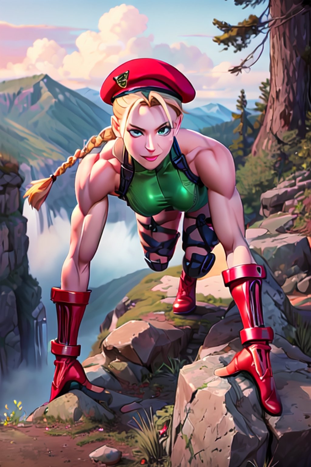 sfr1v, facial portrait, sexy stare, smirked, fighting stance, mountains, birds, trees, waterfall, hodoken,cammy, cammy white,hat,long hair,beret,braid,twin braids,gloves,green leotard,blue eyes,fingerless gloves.scar,highleg leotard,antenna hair,highleg,lips,red gloves,muscular,red headwear,large breasts,camouflage,thick thighs,covered navel,thong leotard,muscular female,abs,scar on face,thigh strap,bare shoulders,bodypaint, sf6,cammy_green_bodysuit_aiwaifu