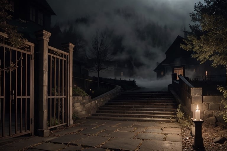 black and white photoreal night shot with lots of fog. Image of a stone staircase with steps slightly lit by candles leading to a gate. Fog, shrubs, leafless branches, gloomy and distressing environment, candlelight
,photorealistic,rfktrfod,zxsmk, Dark_Mediaval