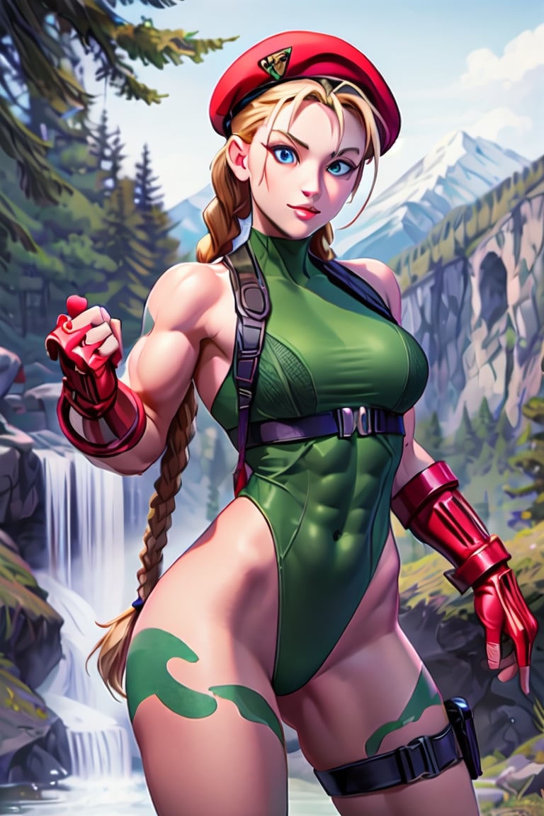 sfr1v, facial portrait, sexy stare, smirked, fighting stance, mountains, birds, trees, waterfall, hodoken,cammy, cammy white,hat,long hair,beret,braid,twin braids,gloves,green leotard,blue eyes,fingerless gloves.scar,highleg leotard,antenna hair,highleg,lips,red gloves,muscular,red headwear,large breasts,camouflage,thick thighs,covered navel,thong leotard,muscular female,abs,scar on face,thigh strap,bare shoulders,bodypaint, sf6,cammy_green_bodysuit_aiwaifu