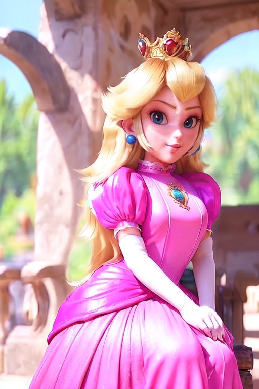 1girl, low(masterpiece:1.3), (high quality:1.3), (high detailed:1.3), 4k, photorealistic, ultradetailed body, 1 beautifull young princess peach Sitting on a great throne, long blonde hair, braids, (large neckline:1.4), dress and (short pink skirt:1.5) whit white panties, ((large breasts and big ass)), cowboy shot, white skin,princess_peach,Peach_SMPis