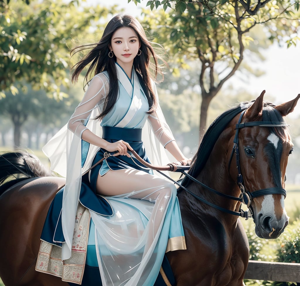 8k, (outdoor forest scene),trees, foggy,
20 yo, 1girl, beautiful girl, (wearing beautiful light blue hanfu (white transparent)),cape(white transparent),(riding a horse:1.4),shining bracelet, smile, solo, {beautiful and detailed eyes}, dark eyes, calm expression, natural and soft light, delicate facial features, ((model pose)), Glamor body type, (dark hair:1.2), simple tiny earrings,very_long_hair,hair past hip, bang,straight hair, flim grain, masterpiece, Best Quality, 16k, photorealistic, ultra-detailed, finely detailed, high resolution, perfect dynamic composition, beautiful detailed eyes, eye smile, sharp-focus, full_body,, cowboy_shot, Bomi,ancient_chinese_indoors,horse,riding,horseback_riding,1girl, (view from front:1.4), 1 girl 