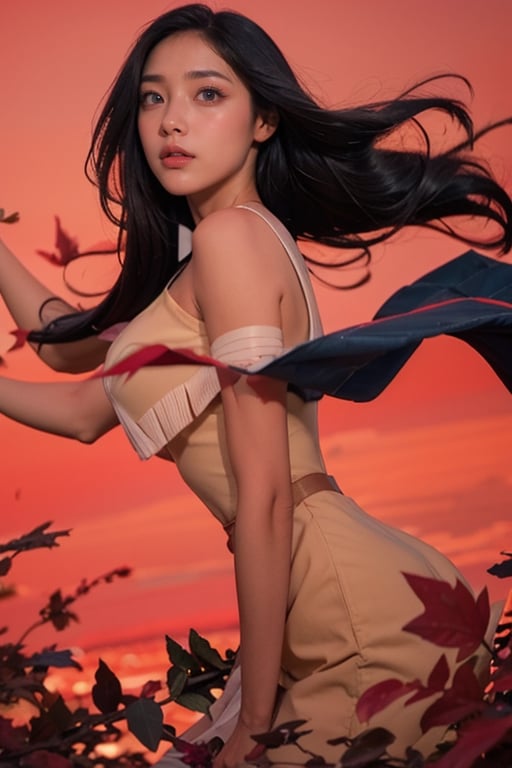 masterpiece, best quality, 1girl, pocahontas, dark skin, black hair, long hair, (floating hair:0.5), black eyes, wind color, leaf, fall, pink and red theme, magical wind, solo, looking at viewer,  