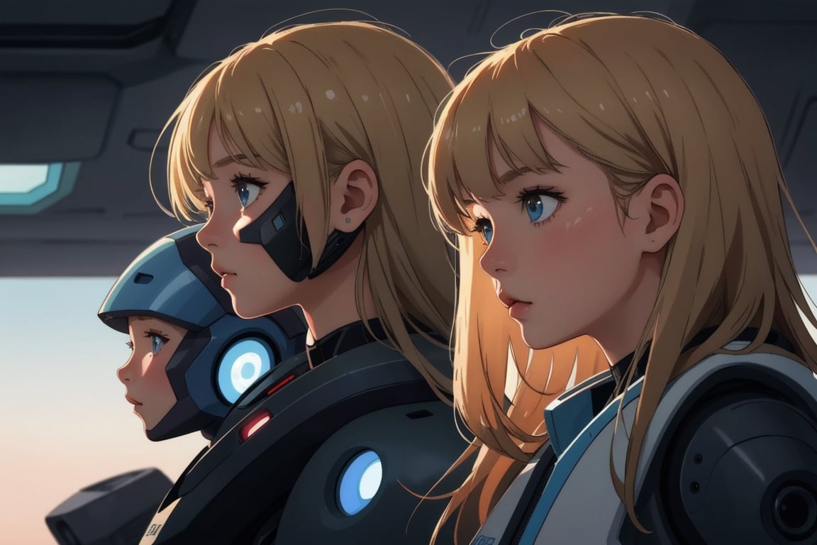 beautiful little girl, blonde, loose hair, 8 years old standing in front of a funny, futuristic looking worn-out robot staring into each other's eyes, profile view, photorealism, photographic look, RAW style, highly detailed, ultra high definition