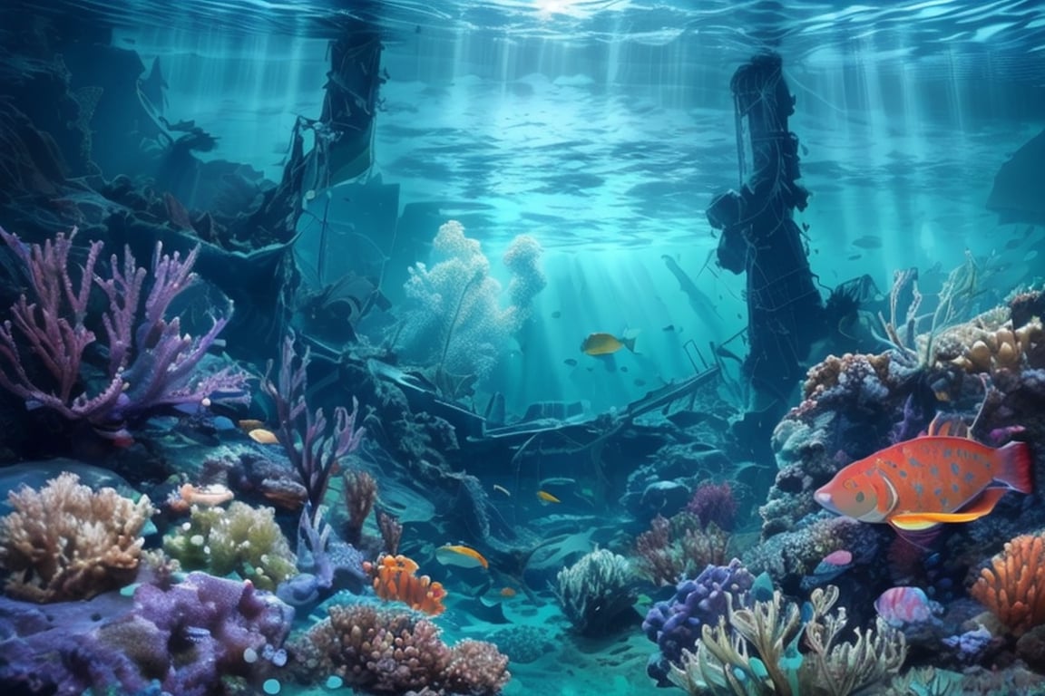 (stunning masterpiece: 1.3), ((12k HDR)), ((under water)), A photo of a marine scientist diver studying remains of a ship, the keel is sunk to the bottom, the ship is split in half, Creatures of Deep waters that inhabit the area, adding to the ominous atmosphere, Lurk in the shadows, Inside and outside the twisted metal wreckage. The colors of the place are muted and gloomy, with rusty metal and rotting wood creating a sense of decay and neglect. Although the surface of the water is calm, ((sun rays)), ((Brilliant diamond splatter)), swirl of air bubbles, sharp focus, intricate detail, high detail, digital art, bright beautiful splatter, sparkling, stunning digital art, interspersed with vibrant colors and surreal fantasy lighting, super detail, digital photography, 8k, sharp focus, ,no_humans,Mermaid