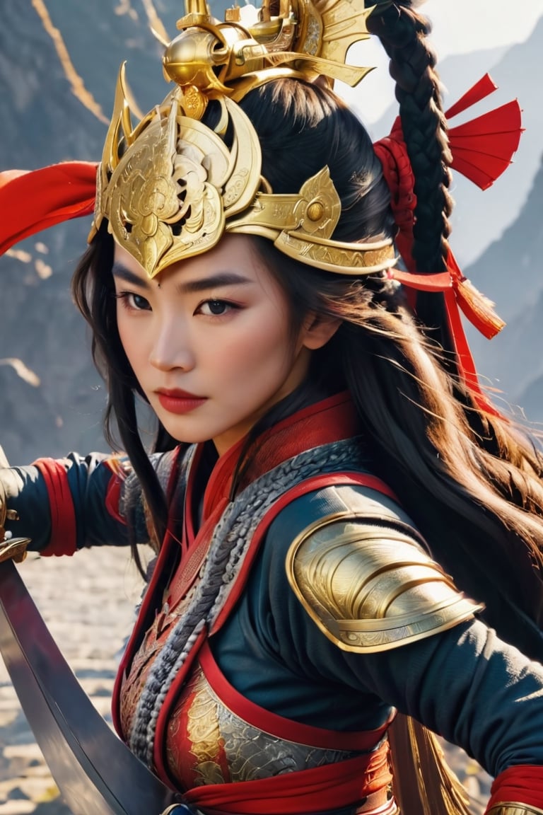 Mulan,  a women warrior with long dark braided hair,  wearing a detailed and intricate golden helmet by Proteo Caótico 2 o...