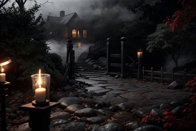 black and white photoreal night shot with lots of fog. Image of a stone staircase with steps slightly lit by candles leading to a gate. Fog, shrubs, leafless branches, gloomy and distressing environment, candlelight
,photorealistic,rfktrfod,zxsmk, Dark_Mediaval