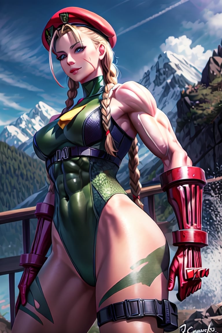 sfr1v, facial portrait, sexy stare, smirked, fighting stance, mountains, birds, trees, waterfall, hodoken,cammy, cammy white,hat,long hair,beret,braid,twin braids,gloves,green leotard,blue eyes,fingerless gloves.scar,highleg leotard,antenna hair,highleg,lips,red gloves,muscular,red headwear,large breasts,camouflage,thick thighs,covered navel,thong leotard,muscular female,abs,scar on face,thigh strap,bare shoulders,bodypaint, sf6,cammy_green_bodysuit_aiwaifu