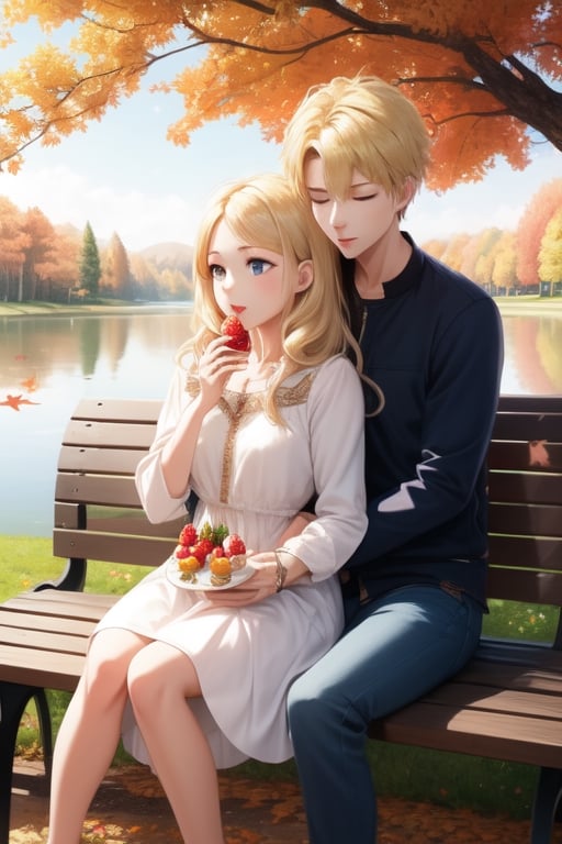 Masterpiece, highest quality, high brightness, 1girl , blonde  hair, long hair, hair ornament, nice dress, cute, masterpiece, eating strawberry shortcake, sitting, bench, nice park and lake, autum season, windy, leafs in the ground, hug, 1boy, 1girl,  background,hug