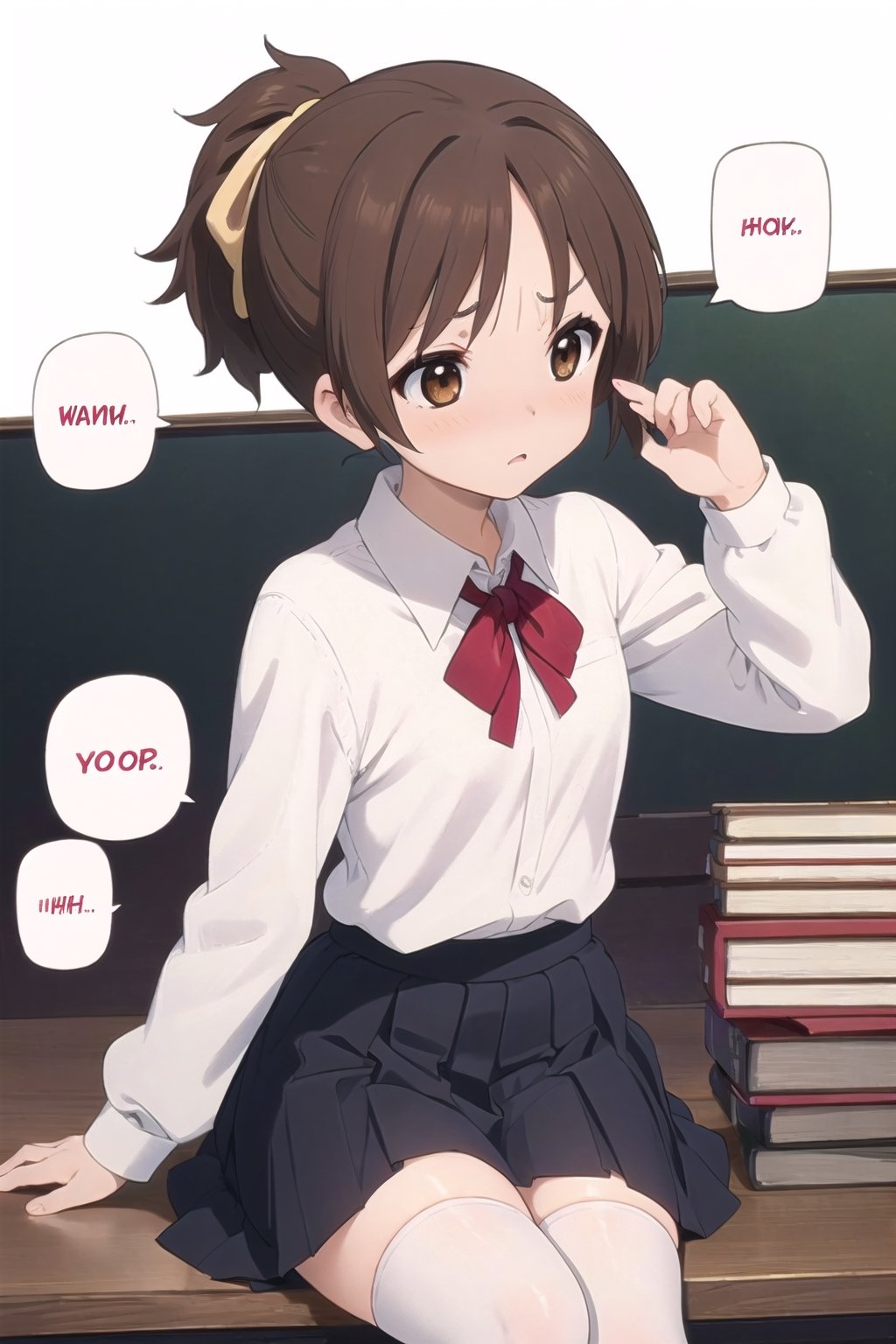 conceptual design, white background, 1girl, brown hair, short ponytail, small waist, school uniform, white shirt, medium skirt, black leg stockings, pissed, speech bubble, stars, brown eyes.,