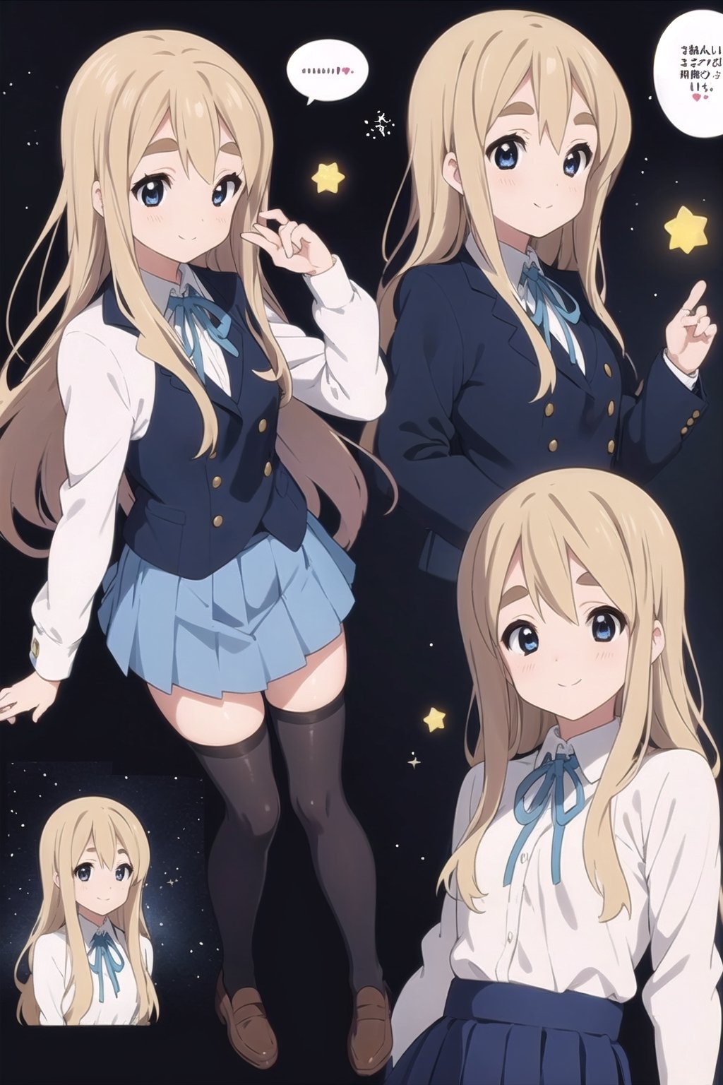 conceptual design, white background, 1girl, blonde hair, long hair, small waist, dark blue jacket, school uniform, white shirt, medium skirt, black leg stockings, full body, smiling, happy, joyful, speech bubble, stars, eyes black.,tsumugi kotobuki