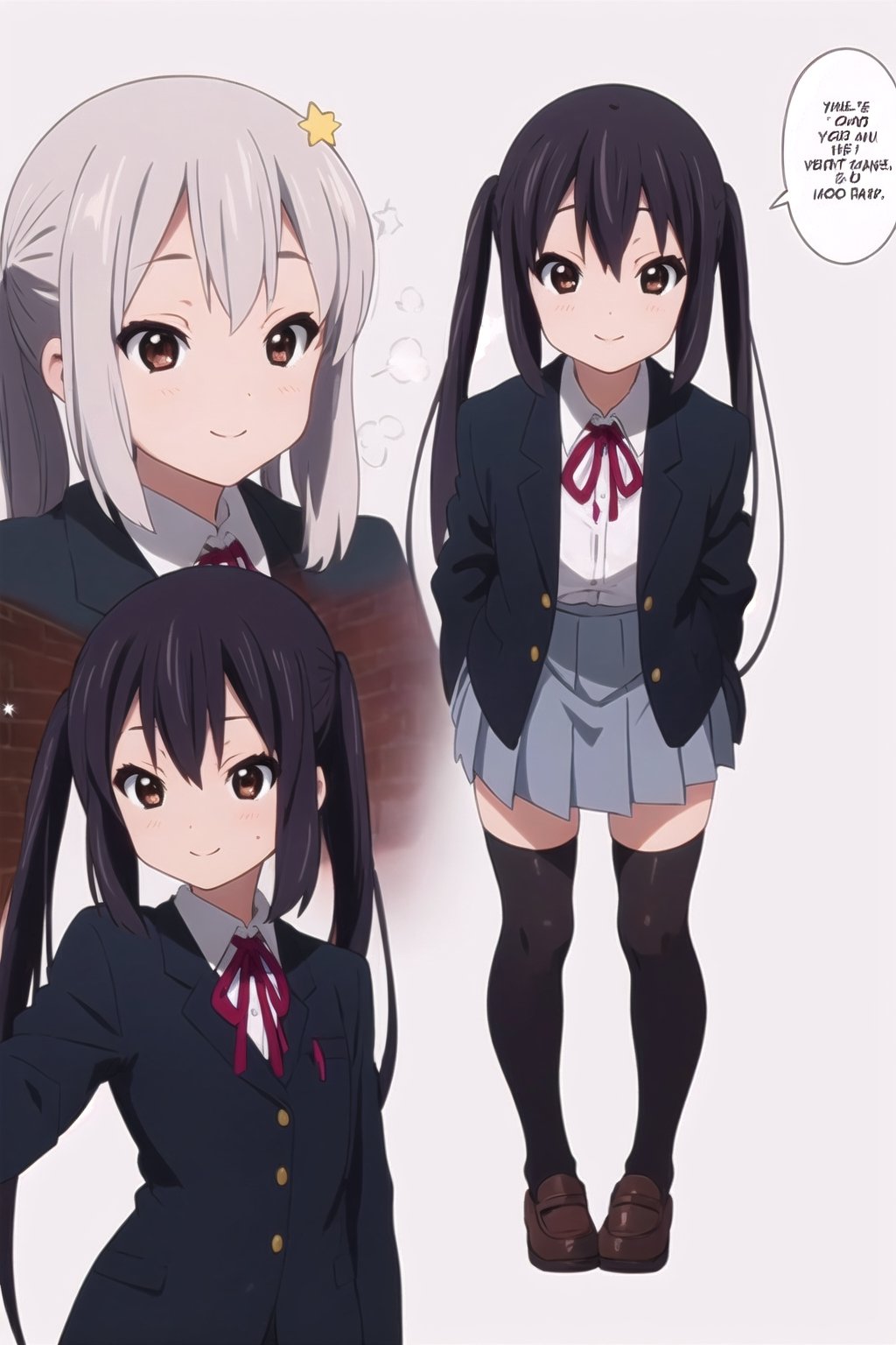 conceptual design, white background, 1girl, black hair, long twin ponytails, small waist, school uniform, black jacket, white shirt, medium skirt, black leg stockings, smiling, full body, speech bubble, stars, brown eyes., Azusa Nakano