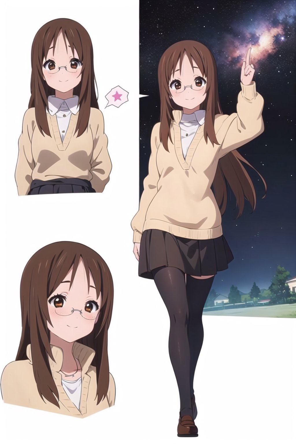 conceptual design, white background, 1girl, brown hair, long hair, small waist, school uniform, brown sweater, brown medium skirt, black leg stockings, smiling, full body, speech bubble, stars, brown eyes.,sawako yamanaka