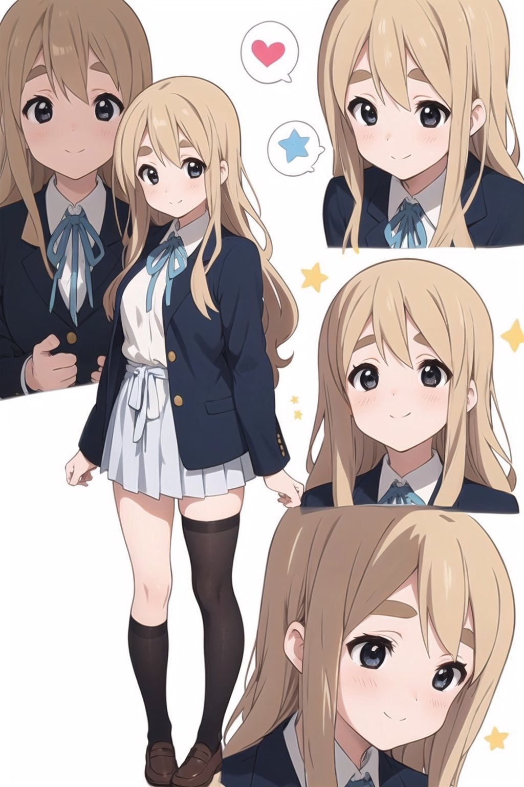 conceptual design, white background, 1girl, blonde hair, long hair, small waist, dark blue jacket, school uniform, white shirt, medium skirt, black leg stockings, full body, smiling, blushing, speech bubble, stars, black eyes. Tsumugi Kotobuki