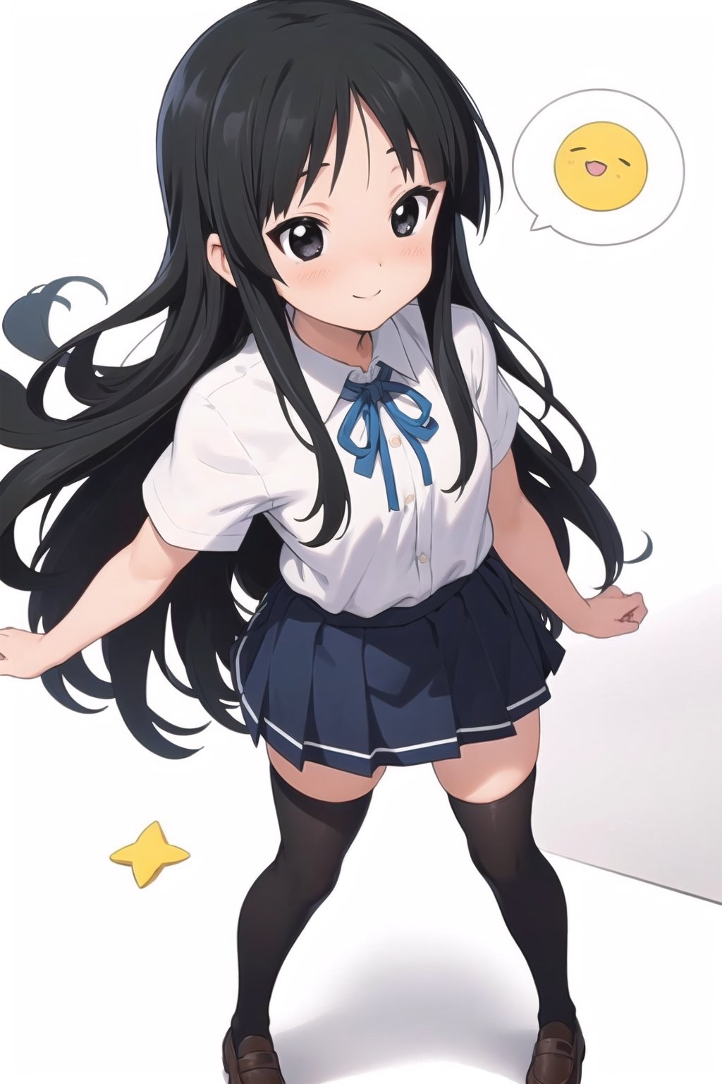 conceptual design, white background, 1girl, black hair, long hair, small waist, school uniform, white shirt, medium skirt, black leg stockings, full body, smiling, blushing, speech bubble, stars, black eyes., Mio Akiyama