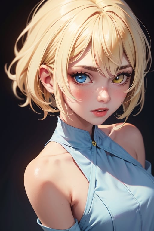 1girl, blonde hair, short hair, (heterochromia), (light blue right eye), (yellow left eye),

