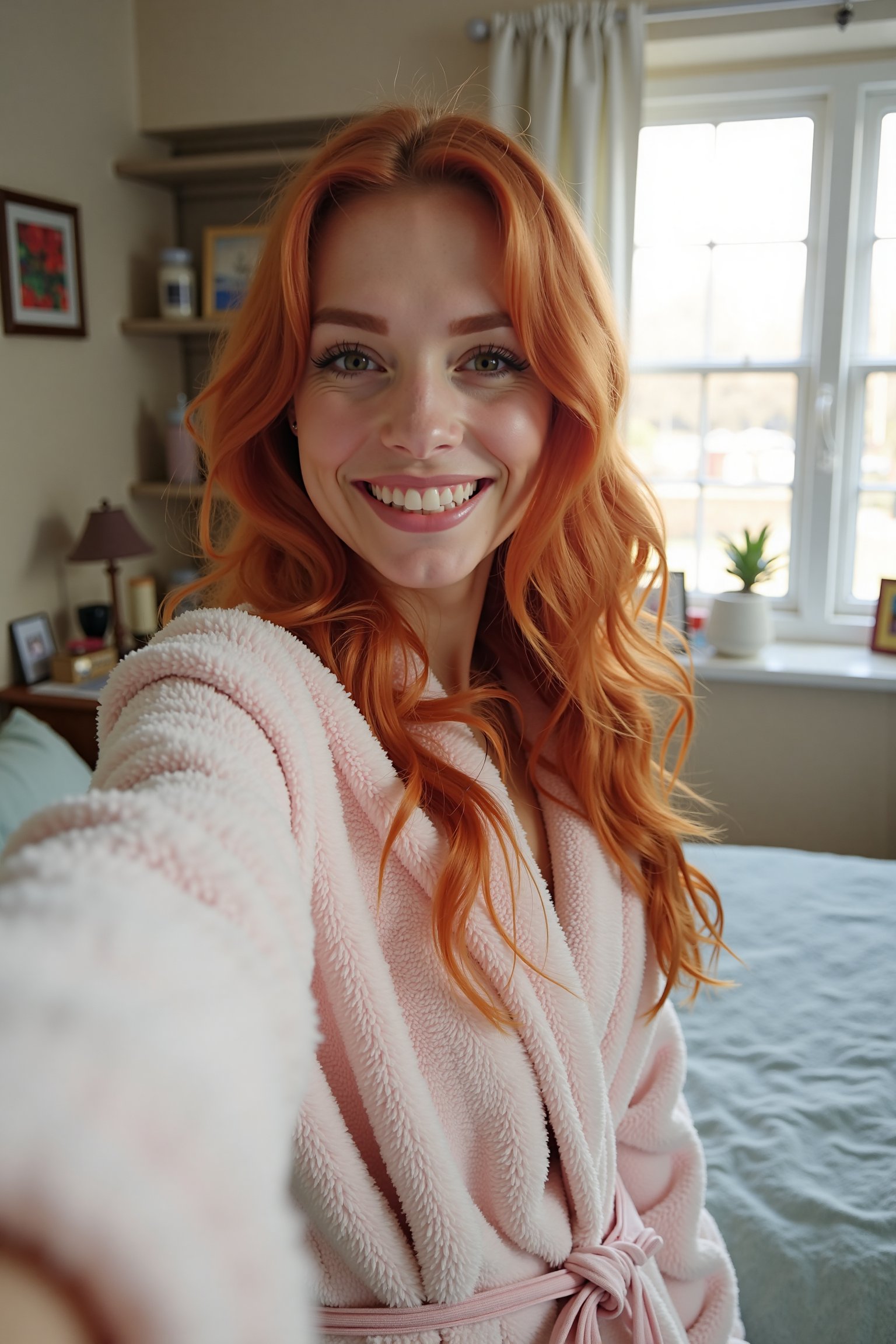 A beautiful 26-year-old ginger-haired woman taking a selfie in her cozy bedroom. She is dressed in a fluffy, pastel-colored dressing robe, smiling warmly at the camera. The room is softly lit with natural light streaming through a window, casting a gentle glow on her face. The composition centers on her, with the background featuring a neatly made bed and a few personal decor items.