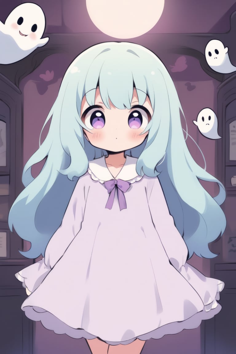 a cute ghost girl in HAUNTED HOUSE, cute, anime style