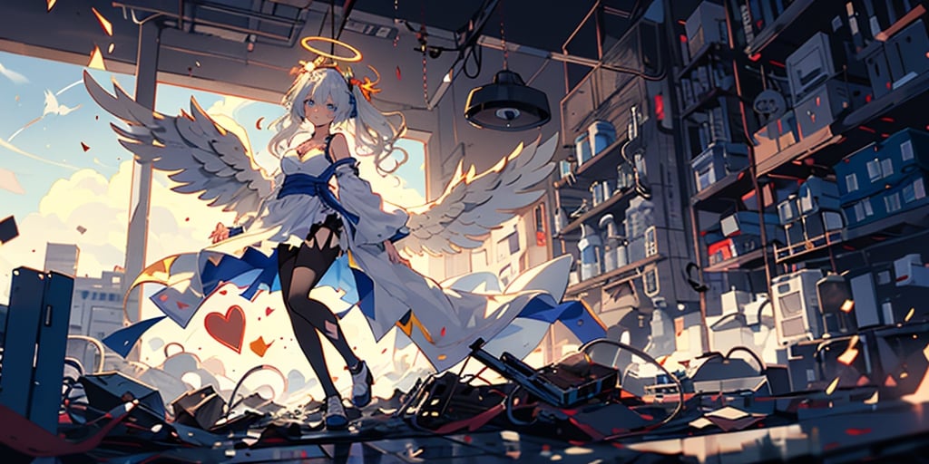 full body,masterpiece, best quality, highres, kta1,1girl, angel, white hair, long curly hair, blue eyes, two blue ribbons on her hair, (Double golden halo on her head), angel wings, ponytail, detached sleeves, cleavage, In the kitchen, bare shoulders, medium breasts, Making heart shaped chocolates, wearing an apron, background_Urban rooftop, despair, ((masterpiece)), (((best quality))), ((ultra-detailed)), ((illustration)), ((disheveled hair)),torn clothes,tearing with eyes open,solo,bandages,Gunpowder smoke,beautiful deatailed shadow, Splashing blood,dust,tyndall effect,portrait,