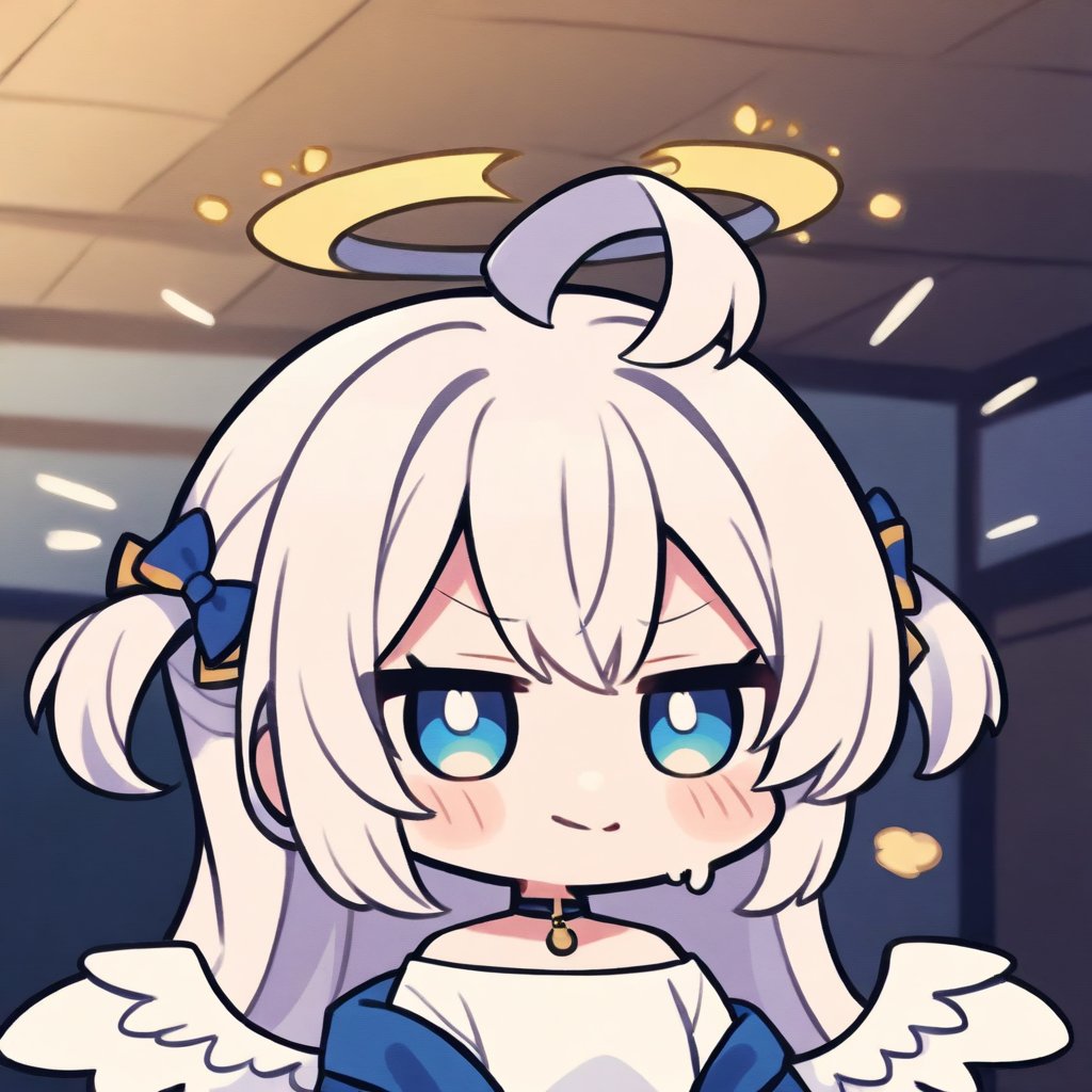 1girl, angel, white hair, long curly hair, (two side up), blue eyes, two blue bows on head, (Double golden halo on her head), choker, angel wings on back, ahoge, (T-shirt), (hanten jacket), cotton pants, Off-shoulder, (happy), (in Japanese room), (eyes highlight), standing, ((upper body)), very beautiful girl, eyes wide open, closed mouth, sweat, slightly angry, himecut hairstyle, solo, (chibi), (Focus on face),((Chibi character))