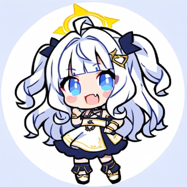 cute, kawaii, chibi, 1girl, (angel), ((white hair)), long curly hair, (two side up), blue eyes,  (curly hair:1.2), (wavy hair), (hair curls), (bangs), (two side up), two blue hair ties on head, (Double golden halo on her head), choker, ((angel wings)), ahoge, fang, White dress with blue lace trim, anime style, cute pose,chibi,simple background, flat color