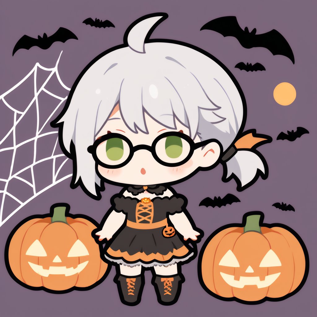 1girl, (gray hair), green eyes, ahoge, (short ponytail:1.2), (black round frame glasses:1.2), dress, halloween outfit, boots, bats, cobweb, pumpkin lantern, blush, simple halloween background), (eyes highlight), standing, solo, (chibi), (Focus on face), 