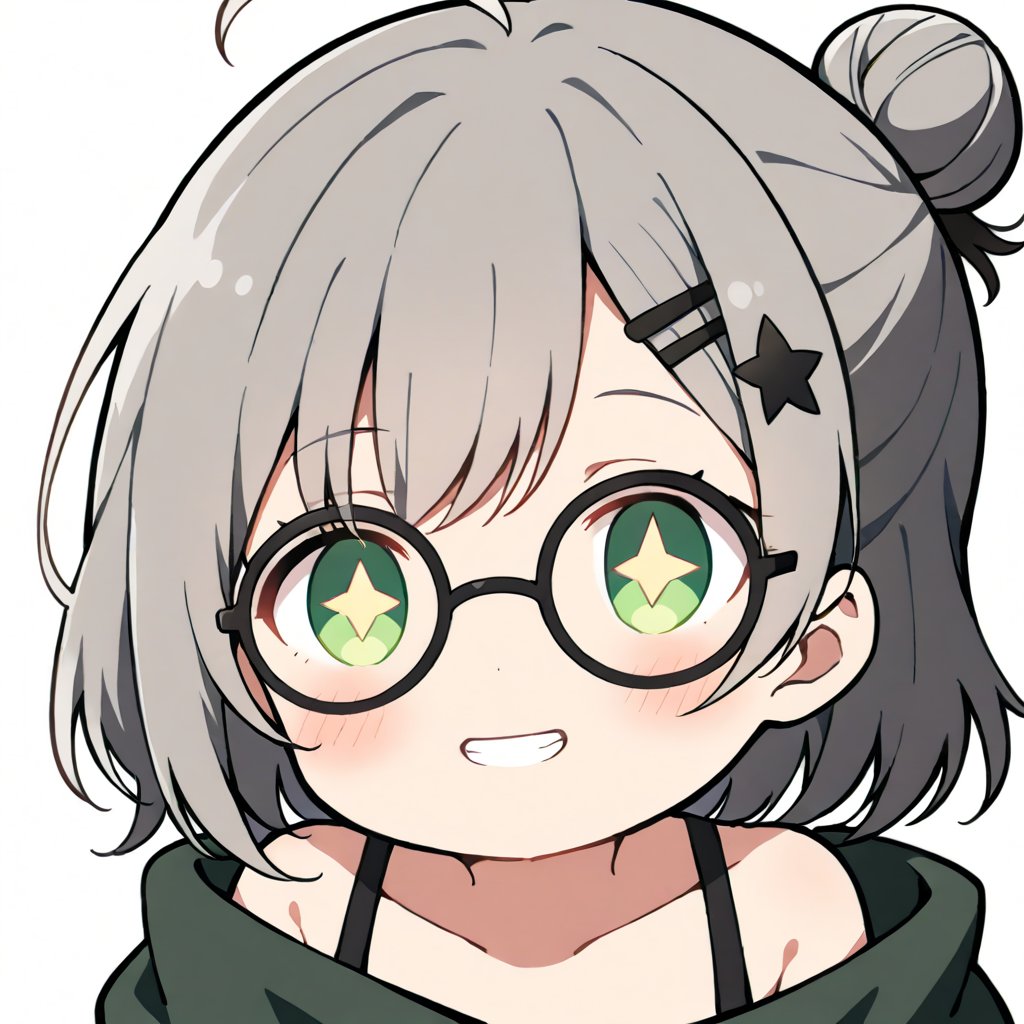 1girl, (gray hair), green eyes, short hair, ahoge, (black round frame glasses:1.2), (black star hairpin), dark green hooded cloak, Hood Down, dress, Short skirt, boots, ((Half Bun :1.2)), ((Off the shoulders:1.2)), solo, smiling, blush, (close-up portrait), ((sparkling eyes)), Upper Body, (Focus on face), simple white background,