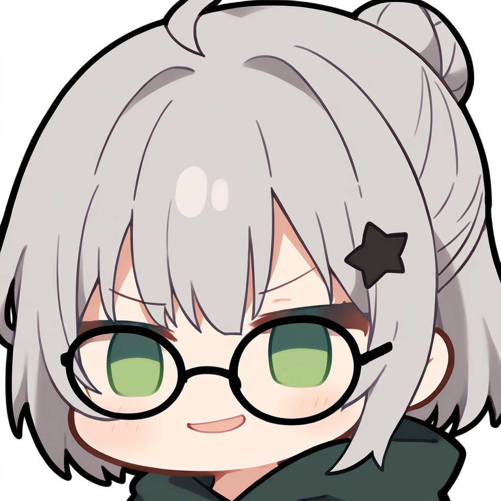 1girl, (gray hair), green eyes, short hair, ahoge, (black round frame glasses:1.2), (black star hairpin), dark green hooded cloak, Hood Down, dress, Short skirt, boots, ((Half Bun hair :1.2)), solo, (chibi, head only), blush,mouth open, (close-up portrait), (smug face), Upper Body, simple white background,